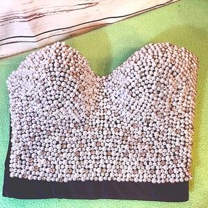 PROM STYLE Halter Top With Rhinestones Pearls wear w/  Denim Jacket WOW